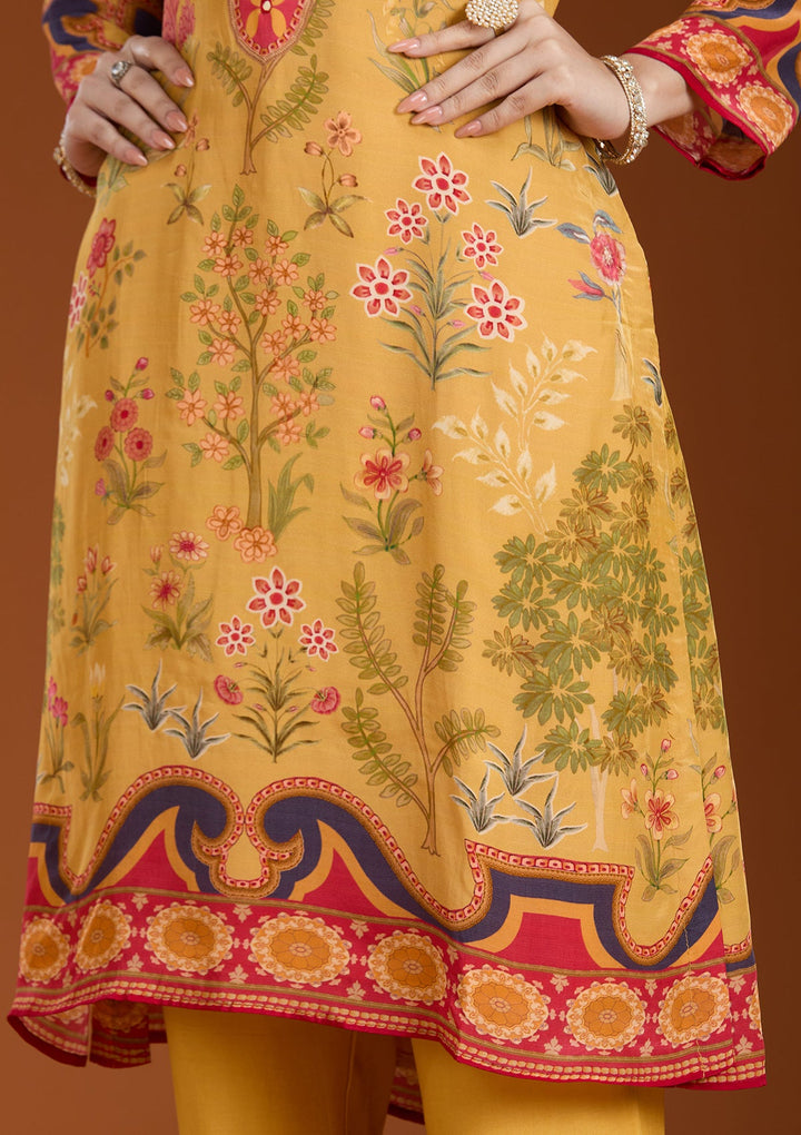Mustard Yellow Printed Crepe Readymade Salwar Suit_koskii