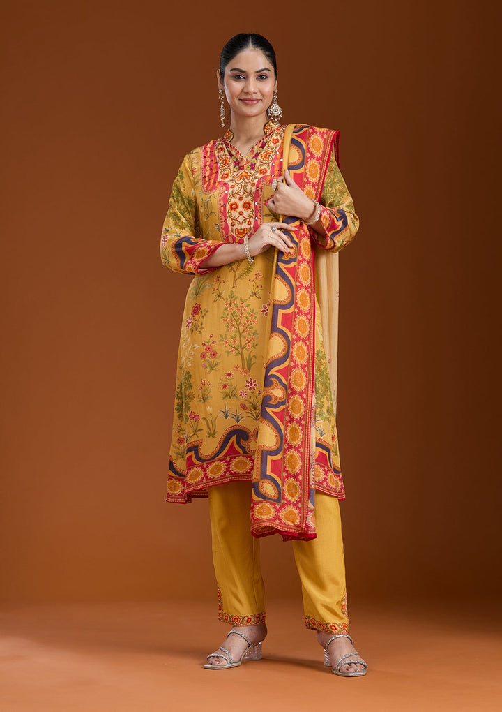 Mustard Yellow Printed Crepe Readymade Salwar Suit_koskii