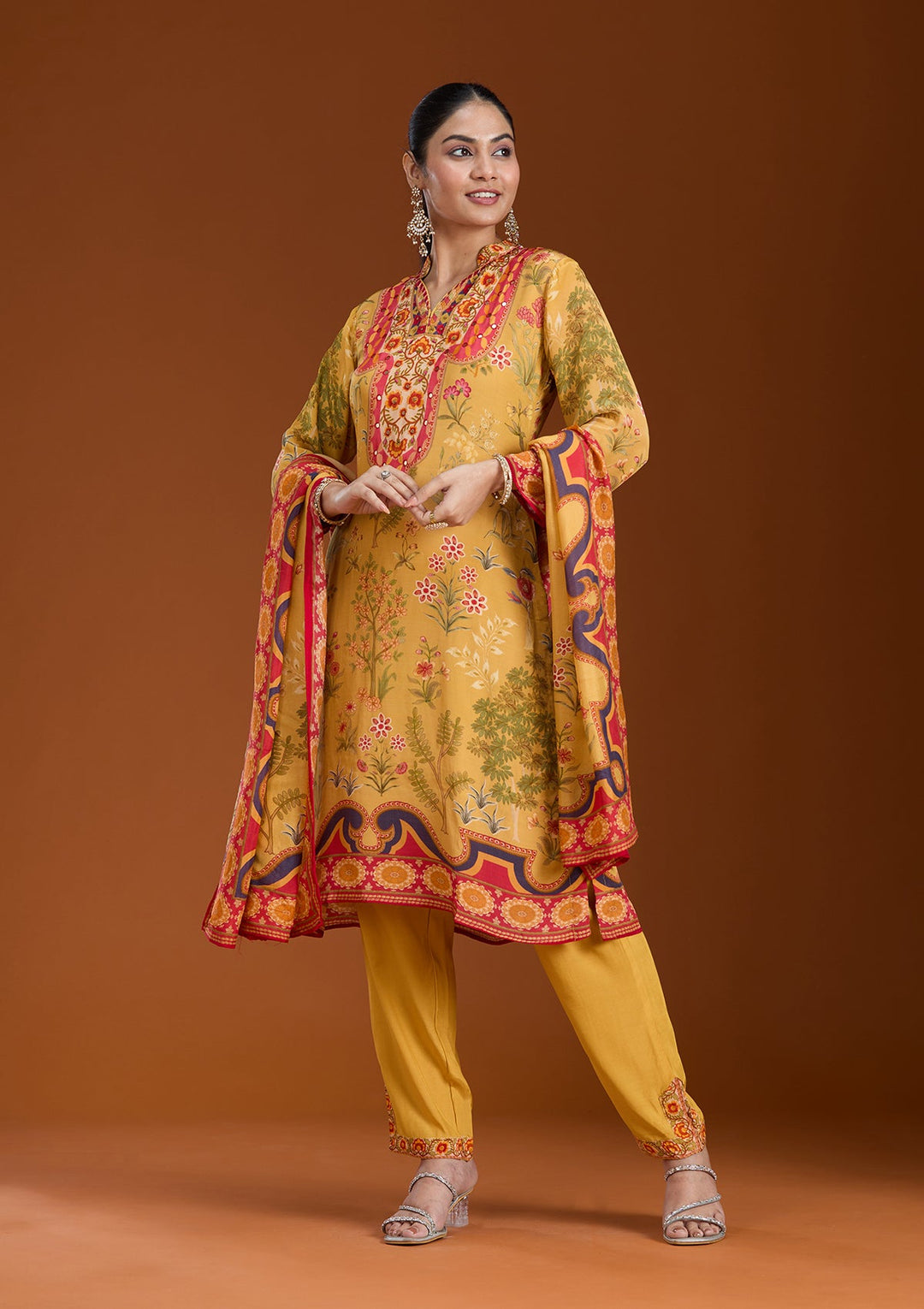 Mustard Yellow Printed Crepe Readymade Salwar Suit_koskii
