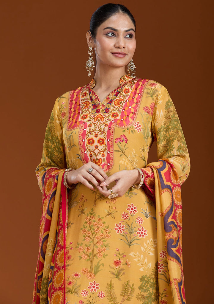 Mustard Yellow Printed Crepe Readymade Salwar Suit_koskii