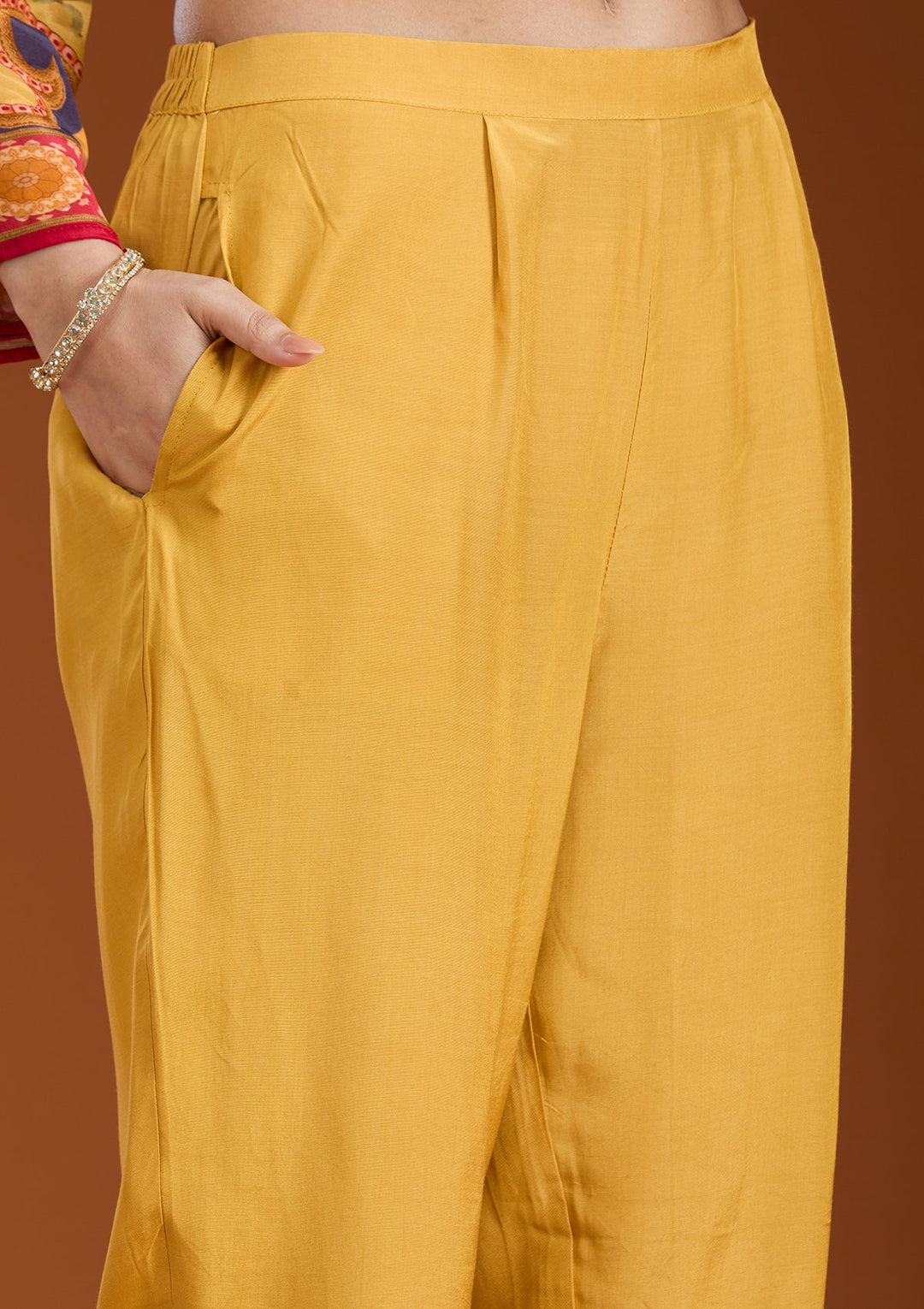 Mustard Yellow Printed Crepe Readymade Salwar Suit_koskii