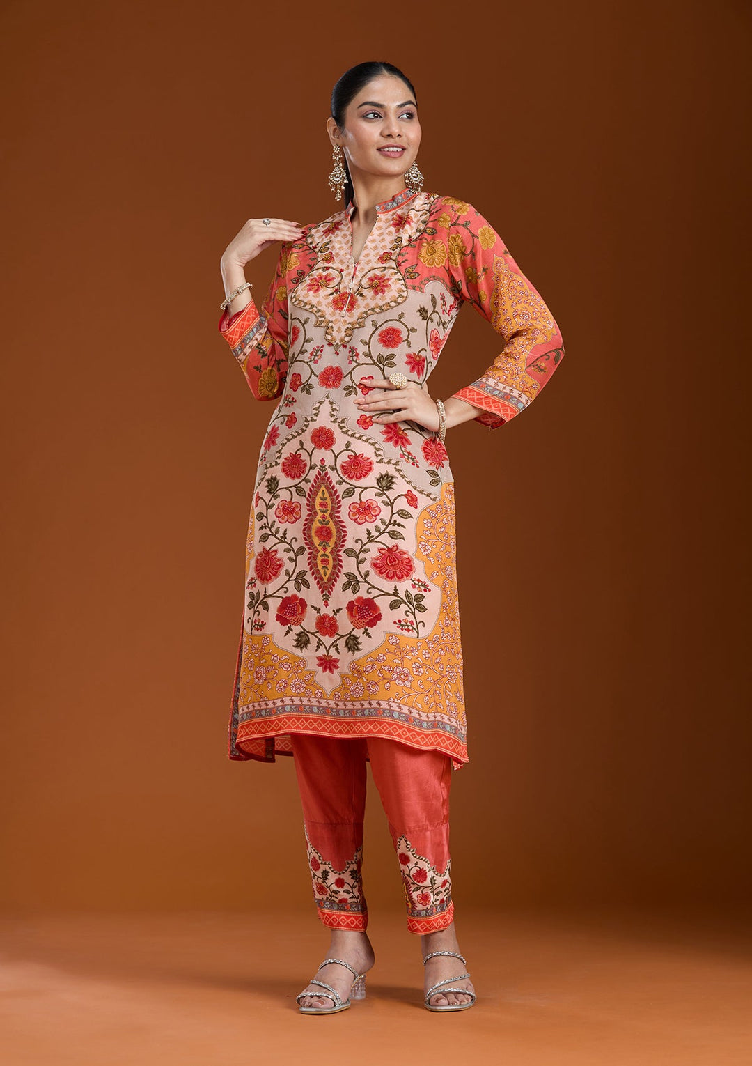 Beige Printed Crepe Readymade Salwar Suit-koskii