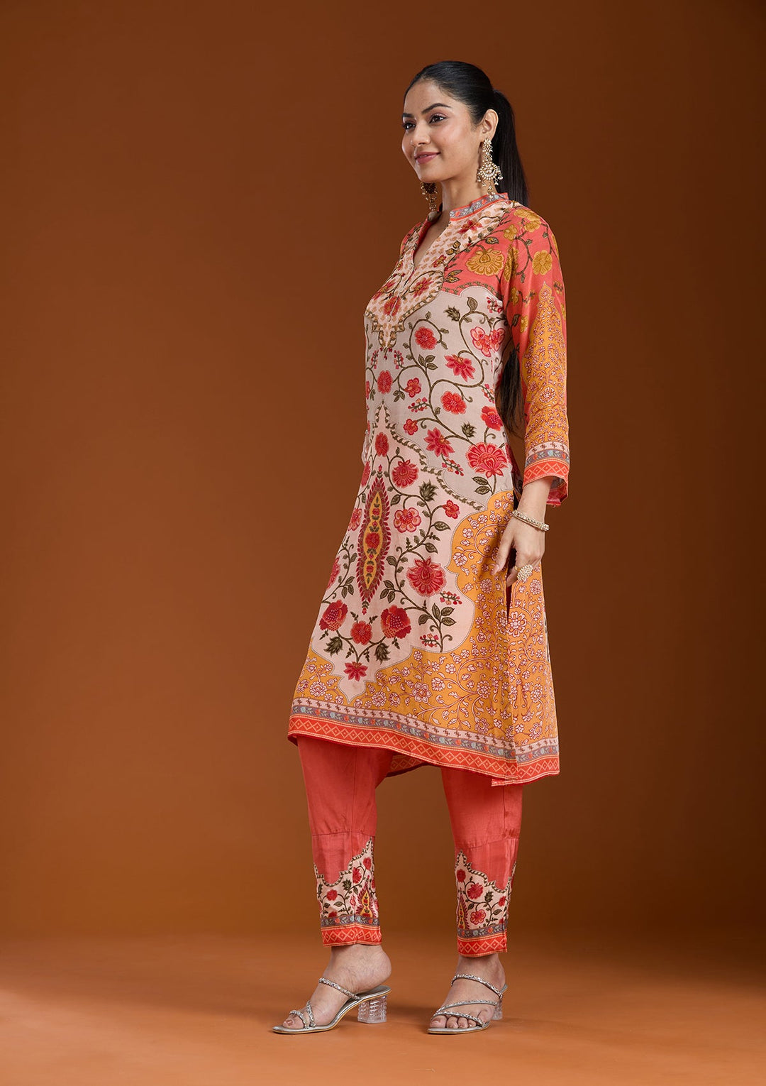 Beige Printed Crepe Readymade Salwar Suit-koskii