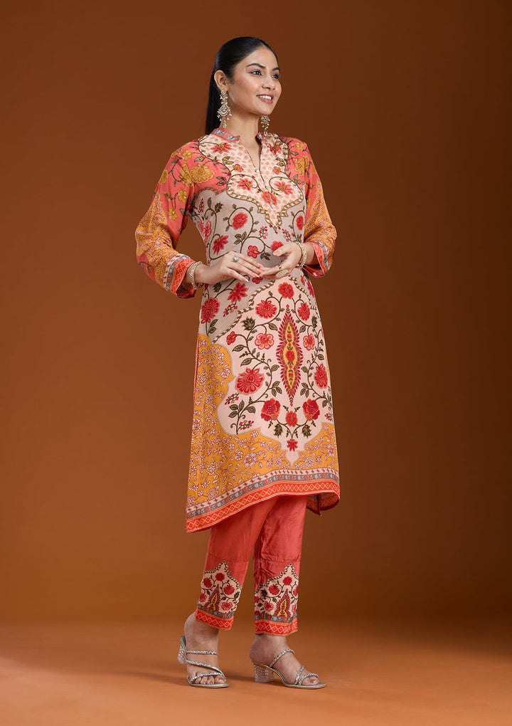 Beige Printed Crepe Readymade Salwar Suit-koskii