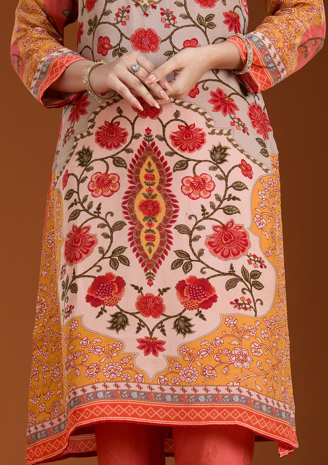 Beige Printed Crepe Readymade Salwar Suit-koskii