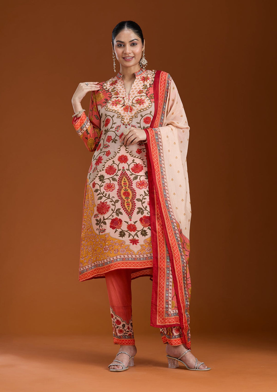 Beige Printed Crepe Readymade Salwar Suit-koskii
