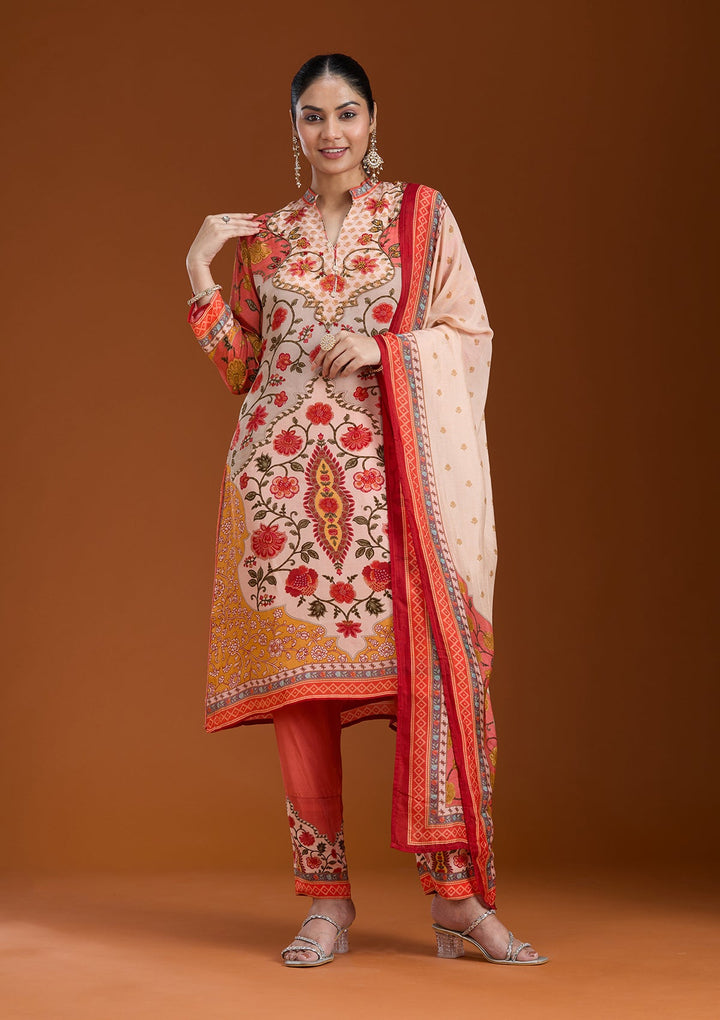 Beige Printed Crepe Readymade Salwar Suit-koskii