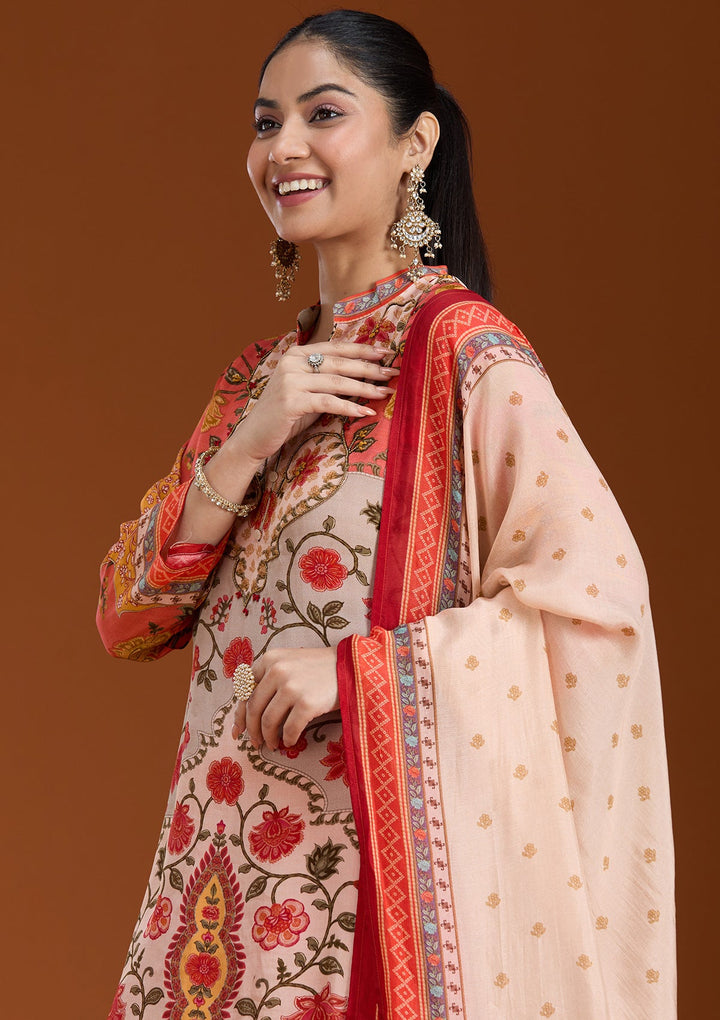 Beige Printed Crepe Readymade Salwar Suit-koskii