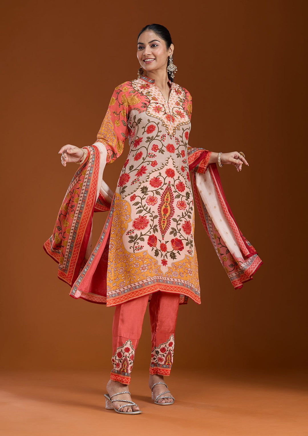 Beige Printed Crepe Readymade Salwar Suit-koskii