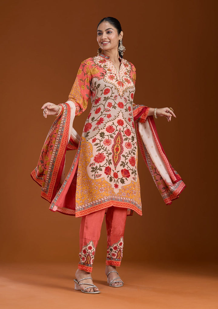 Beige Printed Crepe Readymade Salwar Suit-koskii