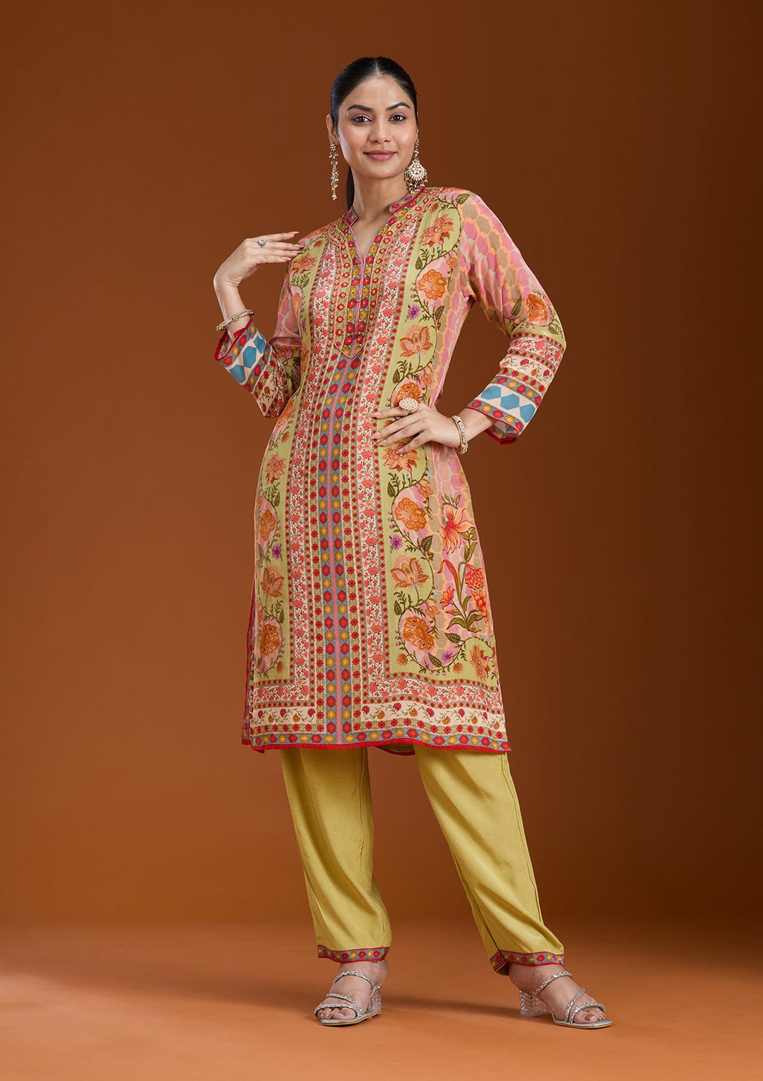 Pista Green Printed Crepe Readymade Salwar Suit_koskii