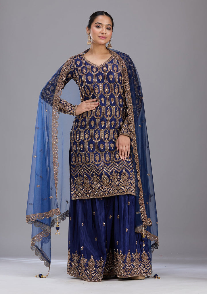 Navy Blue Stonework (Gold) Georgette Readymade Salwar Suit-koskii