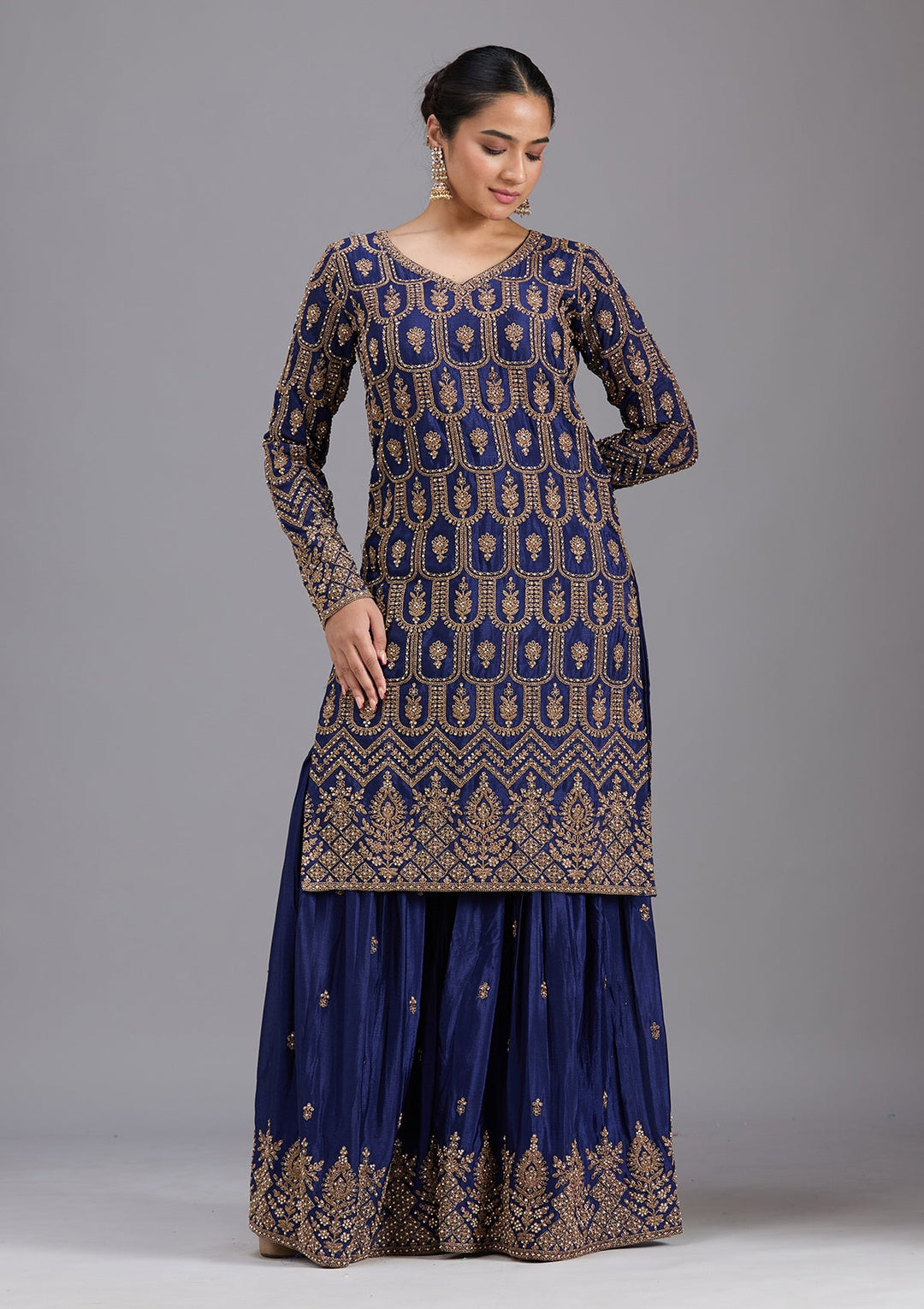 Navy Blue Stonework (Gold) Georgette Readymade Salwar Suit-koskii