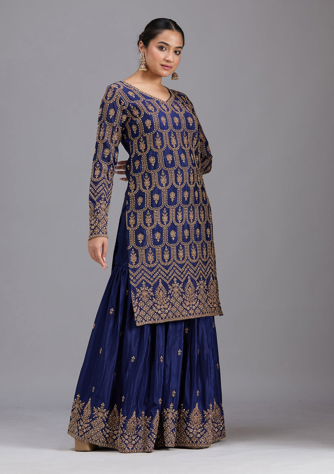 Navy Blue Stonework (Gold) Georgette Readymade Salwar Suit-koskii