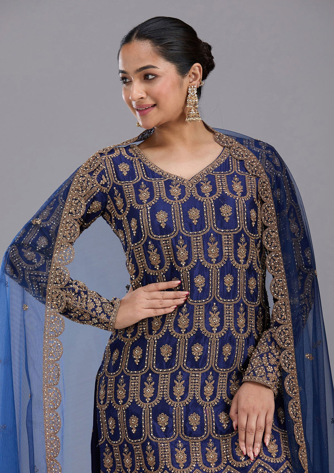 Navy Blue Stonework (Gold) Georgette Readymade Salwar Suit-koskii