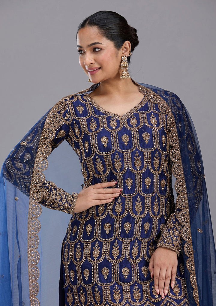 Navy Blue Stonework (Gold) Georgette Readymade Salwar Suit-koskii