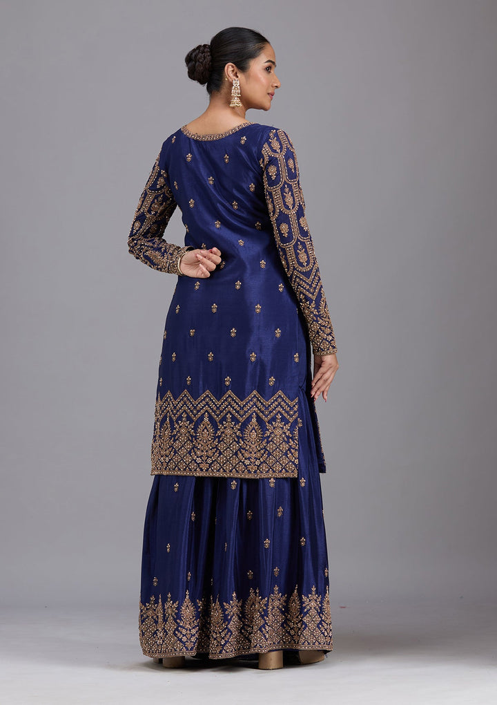 Navy Blue Stonework (Gold) Georgette Readymade Salwar Suit-koskii