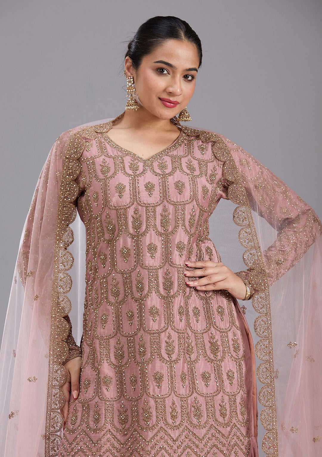 Pink Stonework (Gold) Georgette Readymade Salwar Suit-koskii