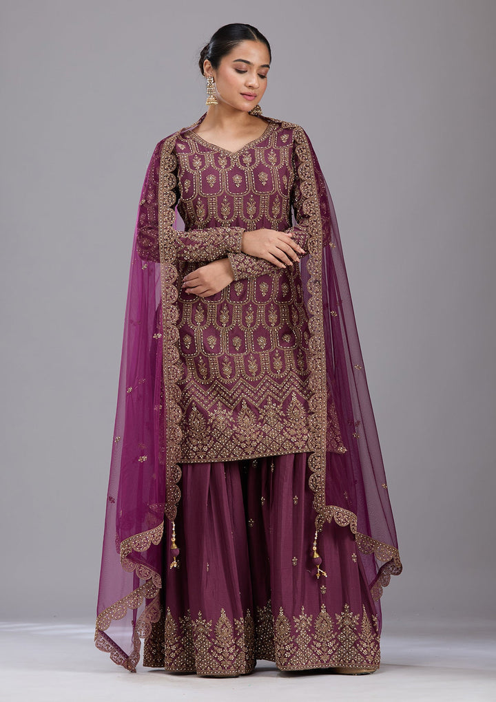 Wine Stonework (Gold) Georgette Readymade Salwar Suit-koskii