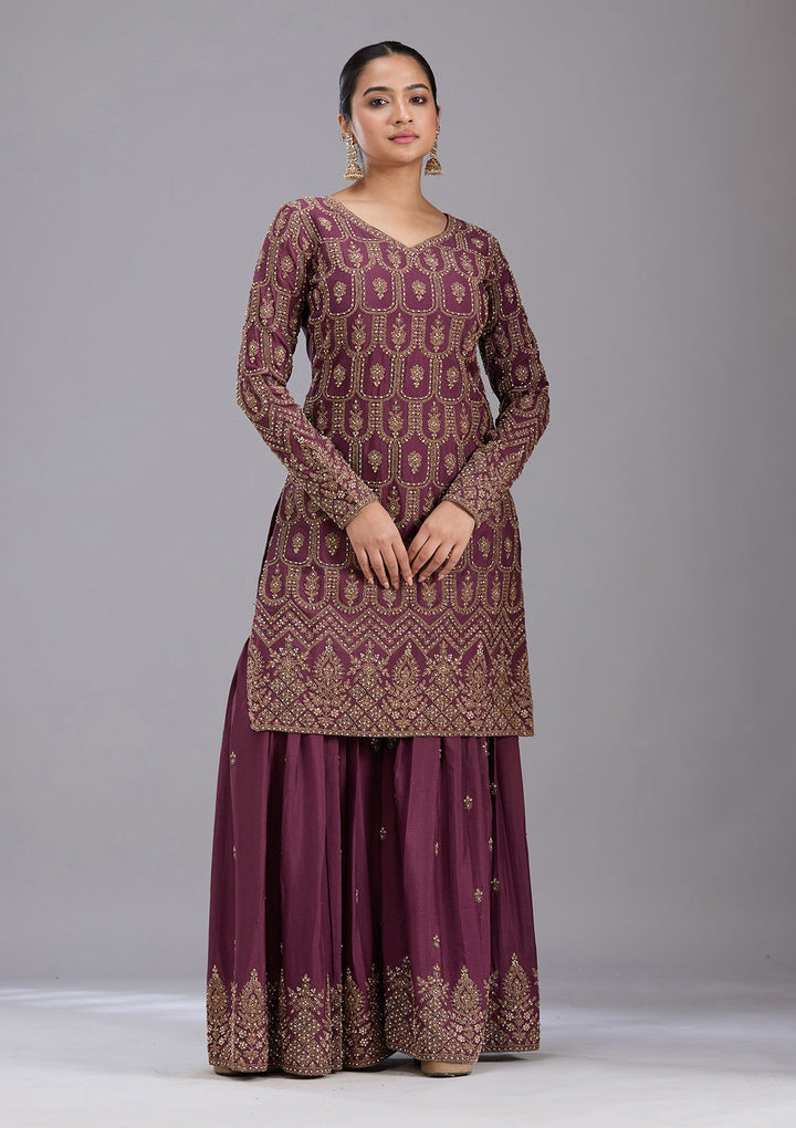 Wine Stonework (Gold) Georgette Readymade Salwar Suit-koskii