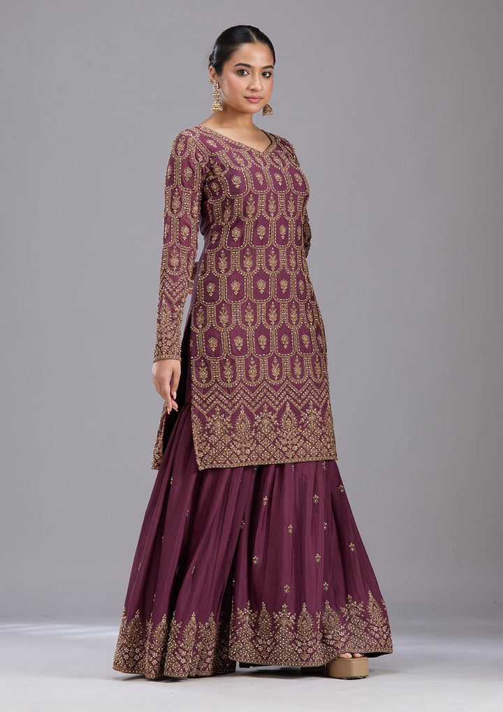Wine Stonework (Gold) Georgette Readymade Salwar Suit-koskii