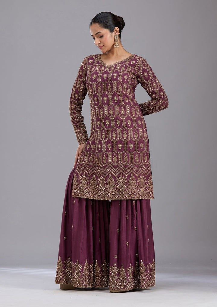 Wine Stonework (Gold) Georgette Readymade Salwar Suit
