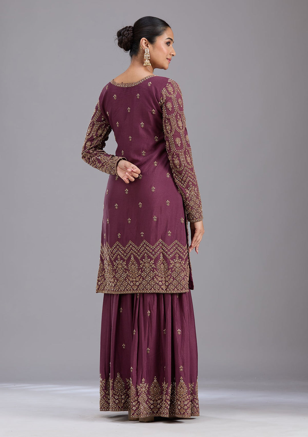 Wine Stonework (Gold) Georgette Readymade Salwar Suit-koskii