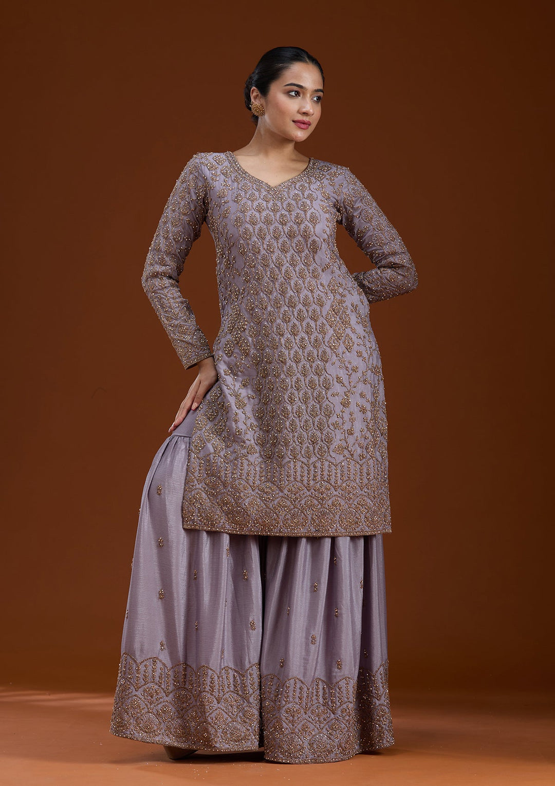 Lavender Stonework (Gold) Georgette Readymade Salwar Suit-koskii