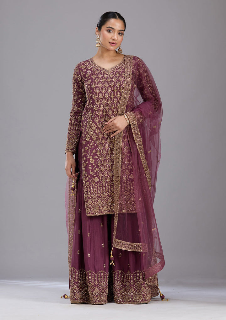 Wine Stonework (Gold) Georgette Readymade Salwar Suit-koskii