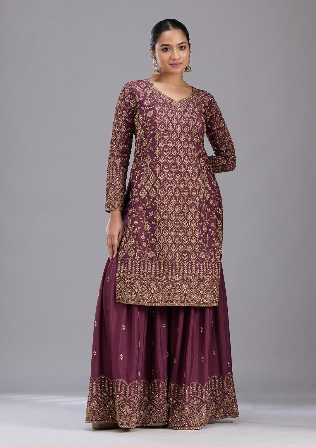 Wine Stonework (Gold) Georgette Readymade Salwar Suit-koskii