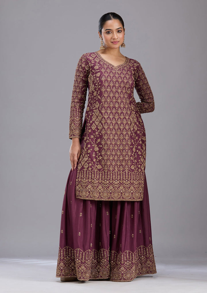 Wine Stonework (Gold) Georgette Readymade Salwar Suit-koskii