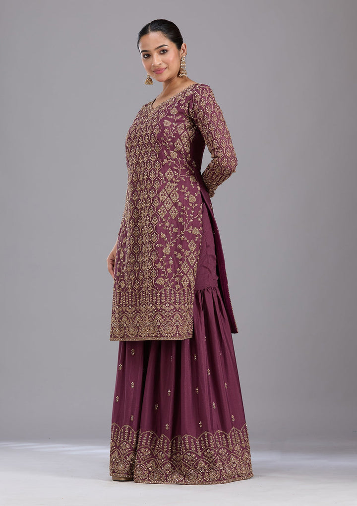 Wine Stonework (Gold) Georgette Readymade Salwar Suit
