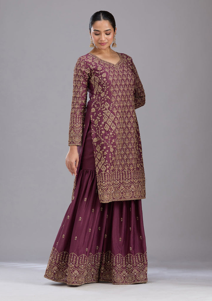 Wine Stonework (Gold) Georgette Readymade Salwar Suit-koskii