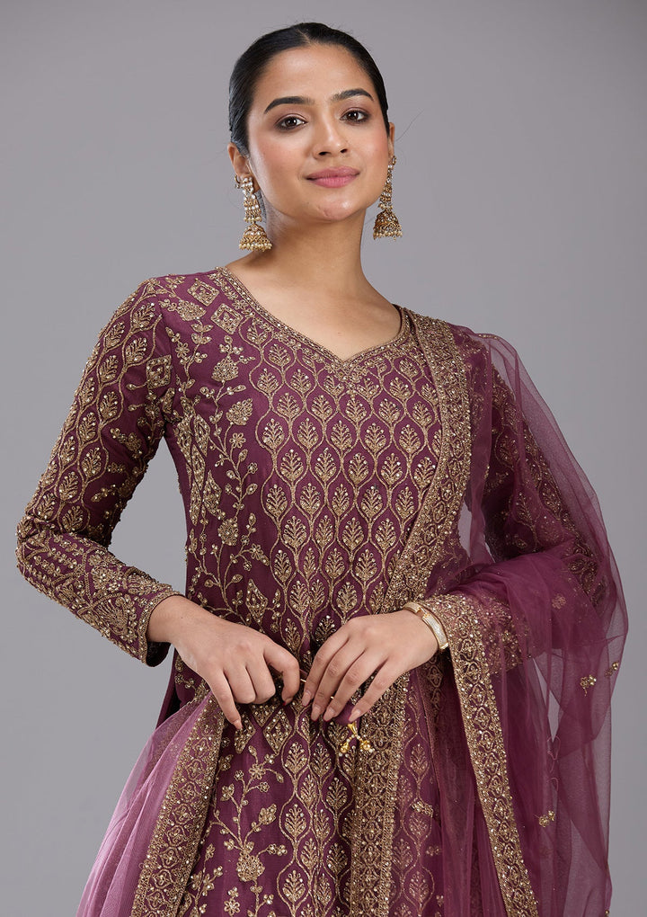 Wine Stonework (Gold) Georgette Readymade Salwar Suit-koskii