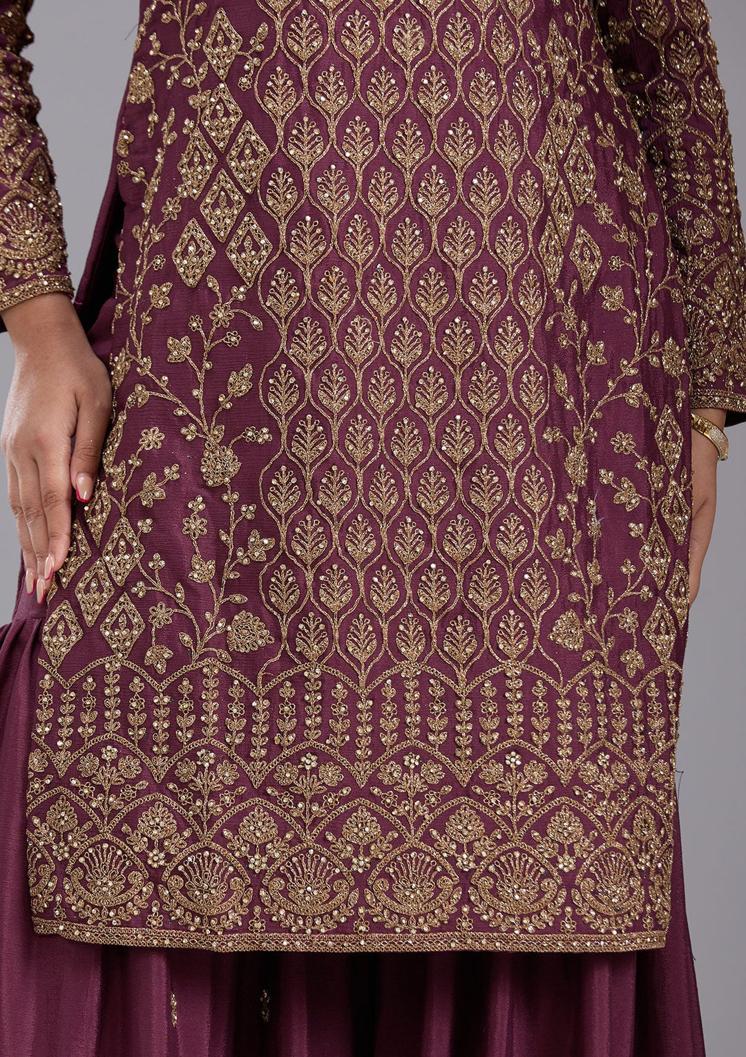 Wine Stonework (Gold) Georgette Readymade Salwar Suit