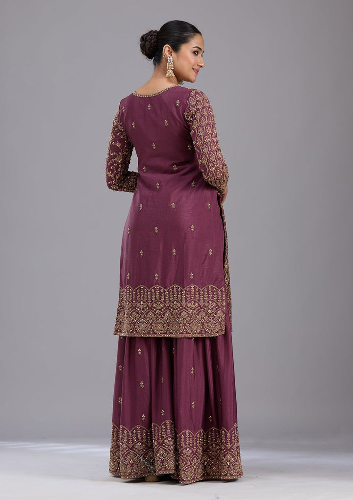 Wine Stonework (Gold) Georgette Readymade Salwar Suit-koskii