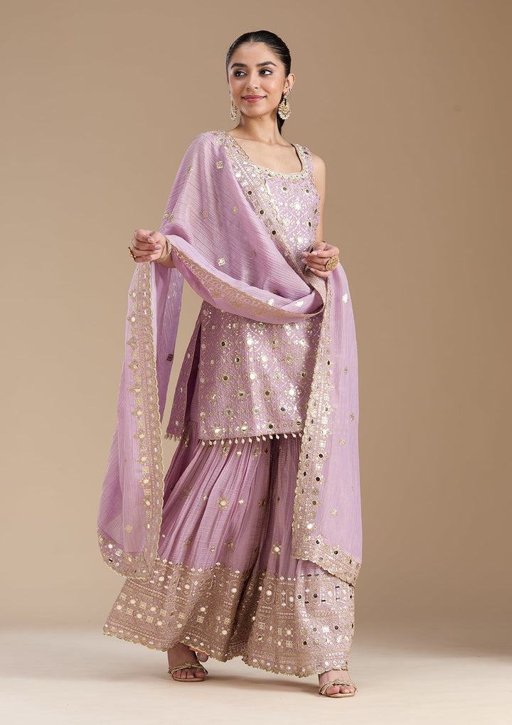 Mauve Mirrorwork Tissue Readymade Salwar Suit-koskii