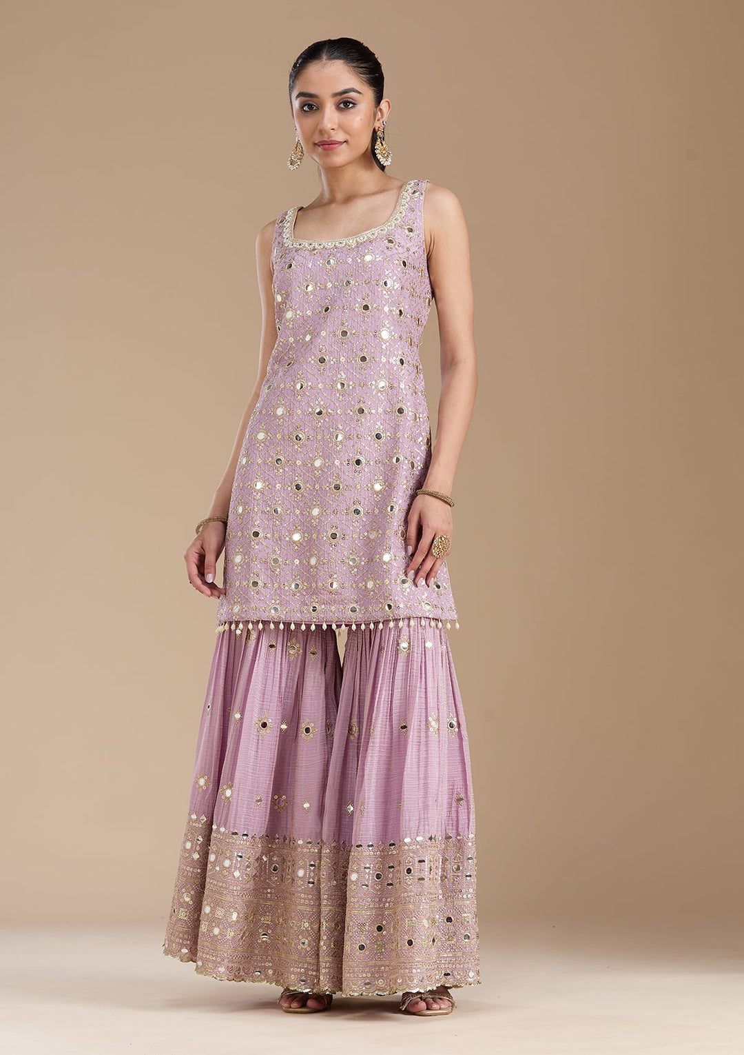 Mauve Mirrorwork Tissue Readymade Salwar Suit-koskii
