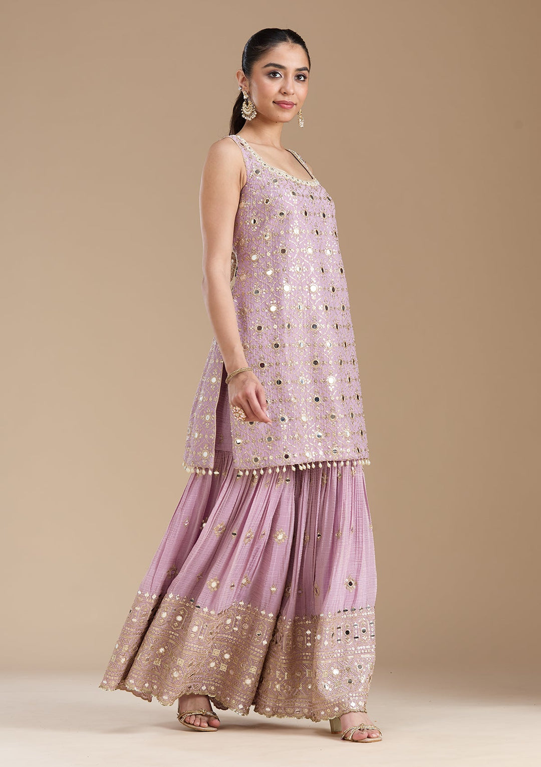 Mauve Mirrorwork Tissue Readymade Salwar Suit-koskii