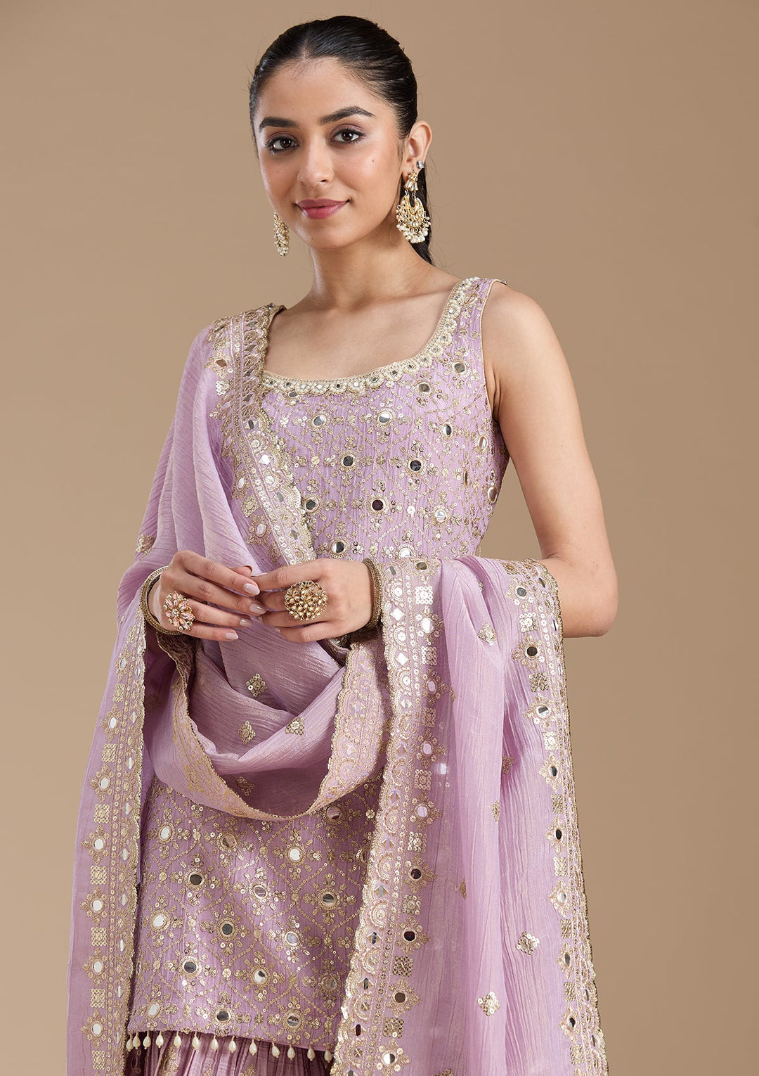 Mauve Mirrorwork Tissue Readymade Salwar Suit-koskii