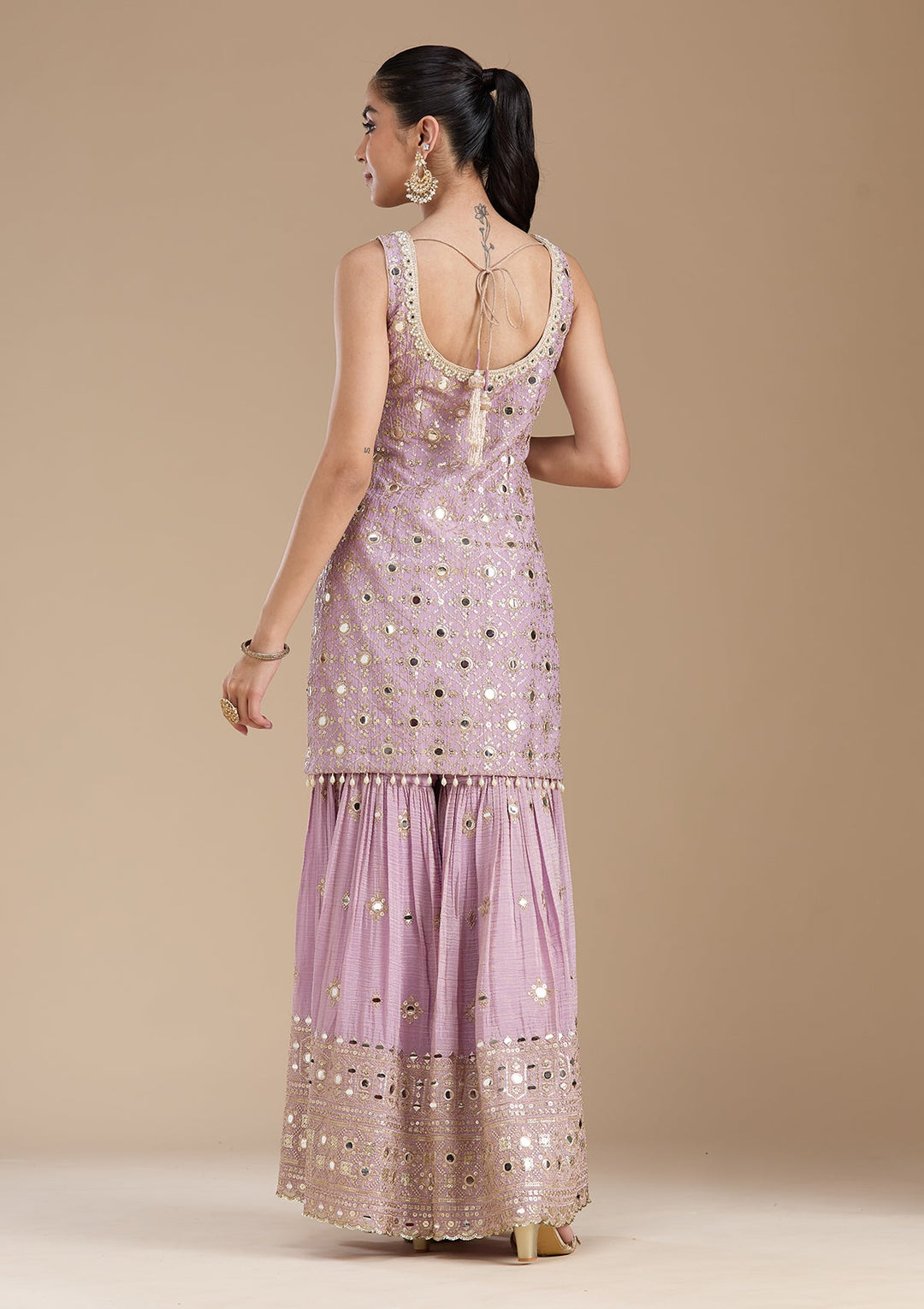 Mauve Mirrorwork Tissue Readymade Salwar Suit-koskii