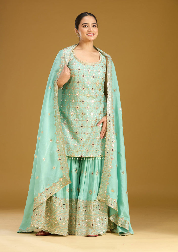 Sea Green Mirrorwork Tissue Readymade Salwar Suit