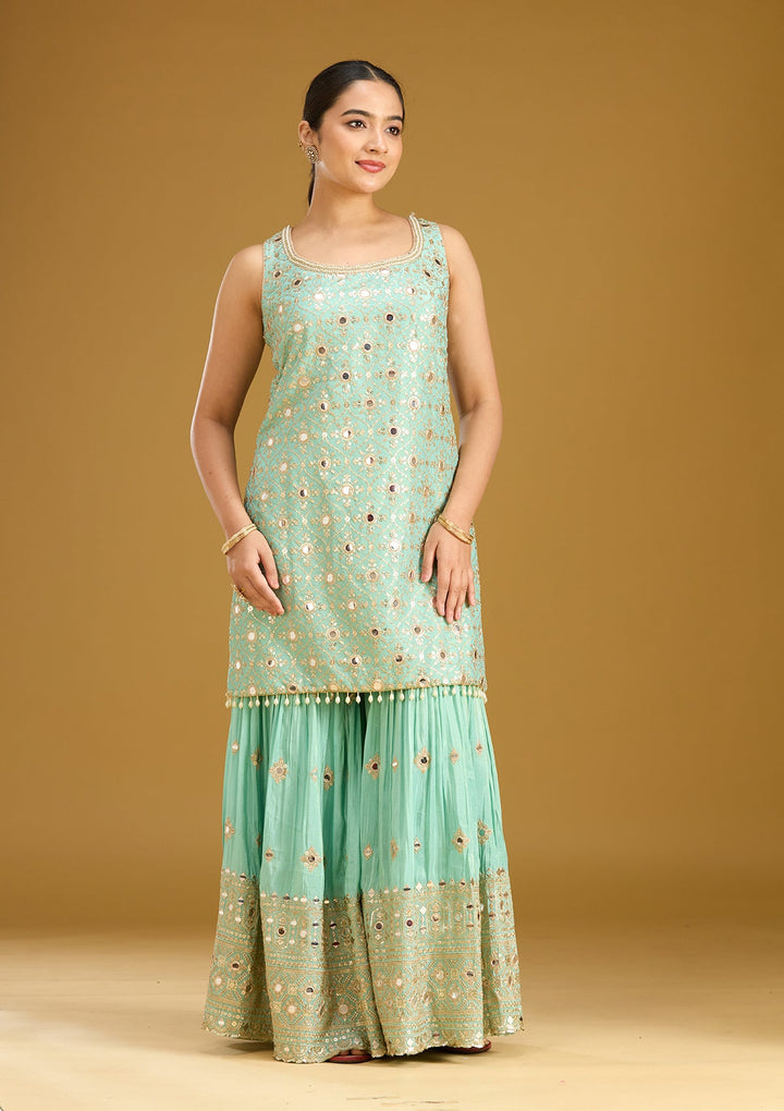 Sea Green Mirrorwork Tissue Readymade Salwar Suit