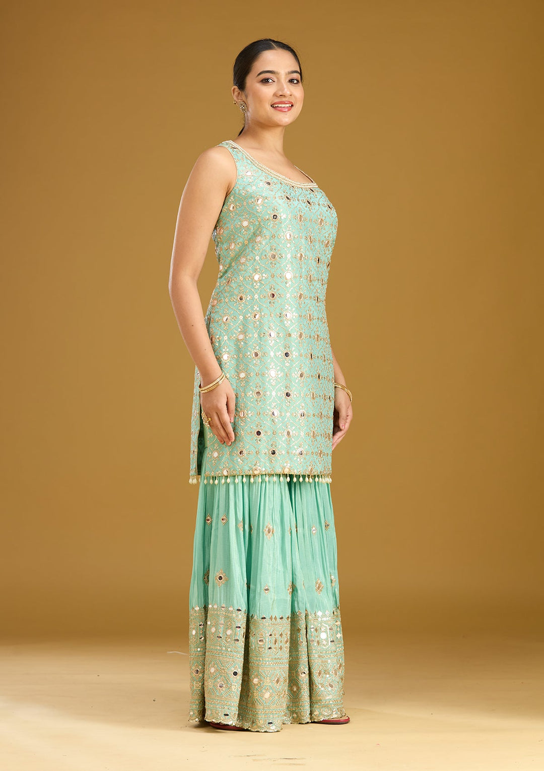 Sea Green Mirrorwork Tissue Readymade Salwar Suit