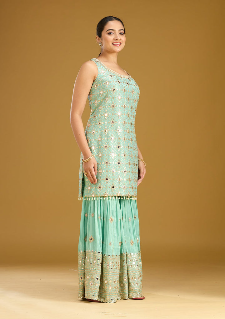 Sea Green Mirrorwork Tissue Readymade Salwar Suit