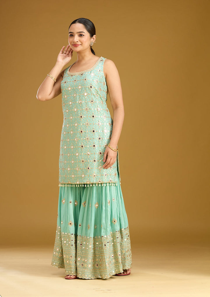 Sea Green Mirrorwork Tissue Readymade Salwar Suit