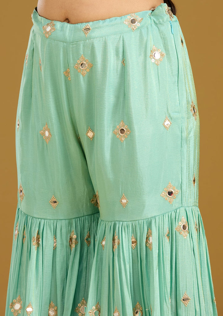 Sea Green Mirrorwork Tissue Readymade Salwar Suit