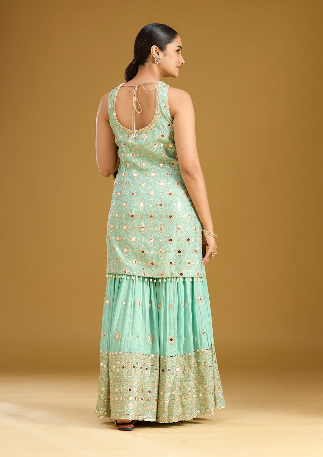 Sea Green Mirrorwork Tissue Readymade Salwar Suit
