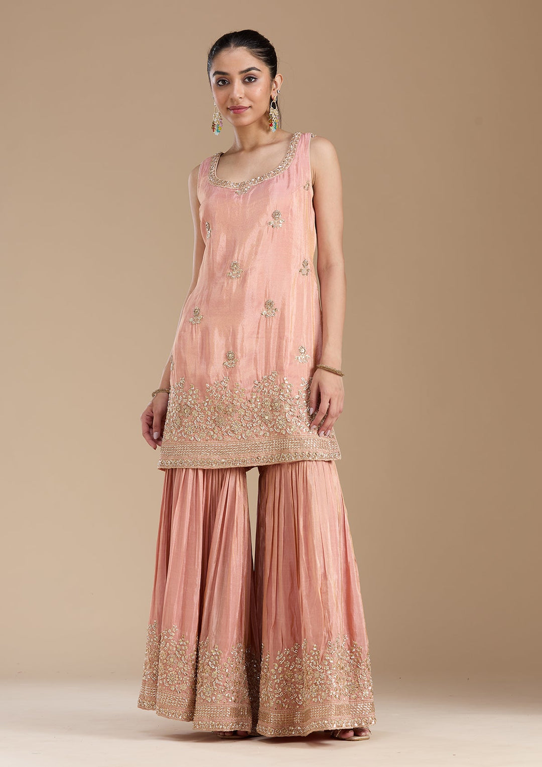 Peach Sequins Tissue Readymade Salwar Suit-koskii