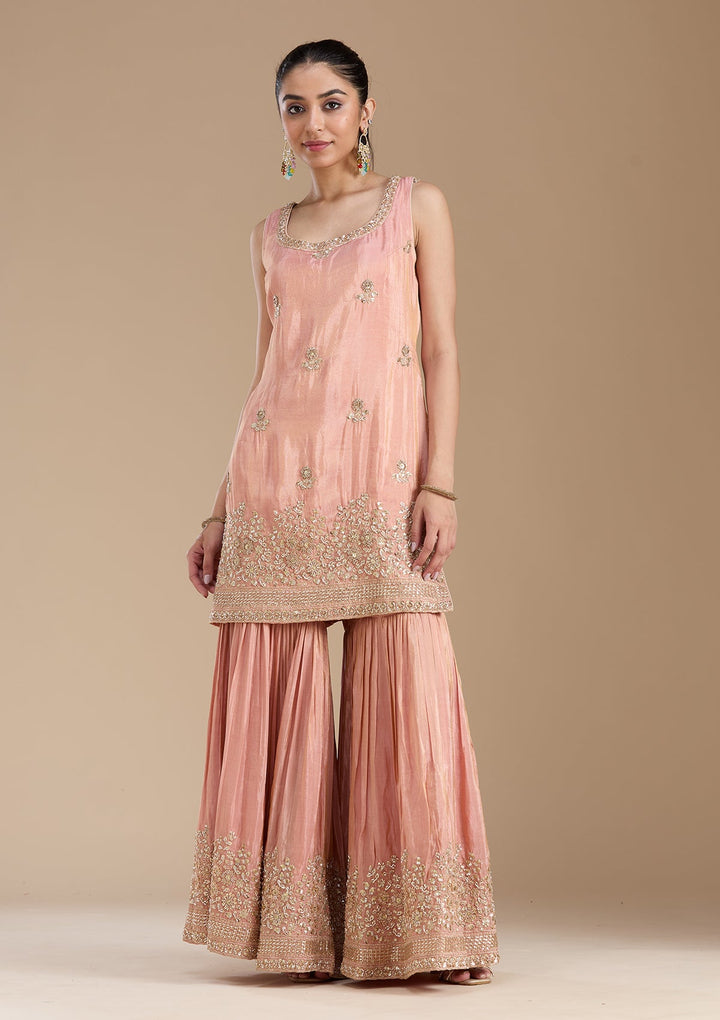 Peach Sequins Tissue Readymade Salwar Suit-koskii